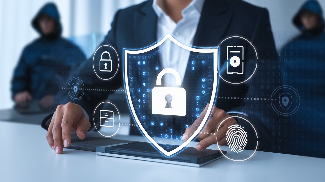 Person being protected from hackers by a shield